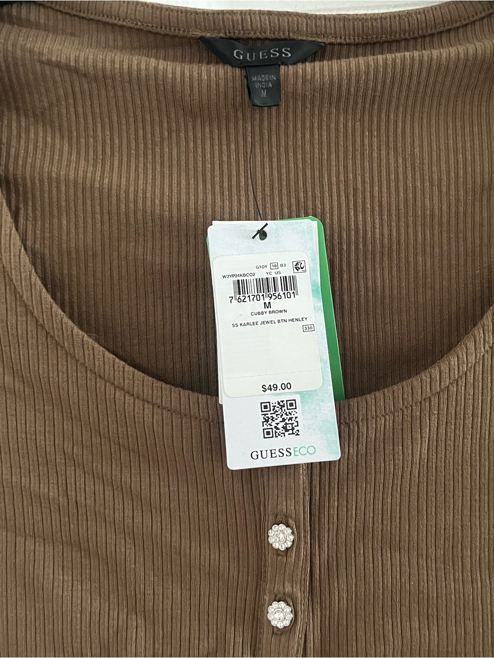 GUESS Brown Ribbed Scoop-Neck Short Sleeve Henley Top - Picture 7 of 8